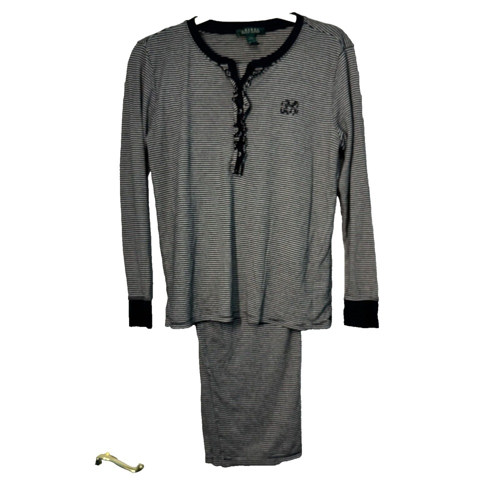 Lauren Ralph Lauren Womens Pajama Set Navy Blue White Striped Ruffle Henley M